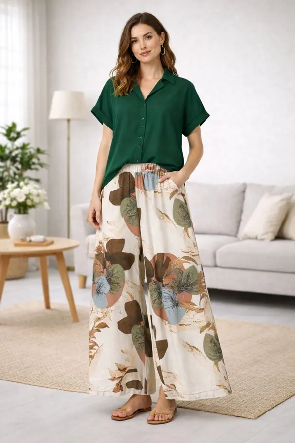 Green_Paisley_Printed_Short_Sleeves_Shirt_&_Wide-Leg_Pant_Rayon_Co-Ord_Set_For_Women