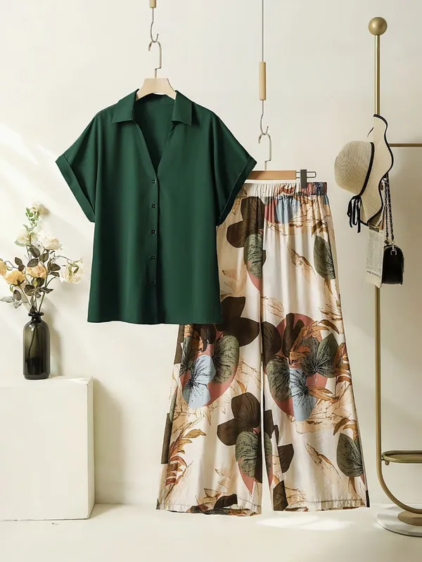 Green_Paisley_Printed_Short_Sleeves_Shirt_&_Wide-Leg_Pant_Rayon_Co-Ord_Set_For_Women