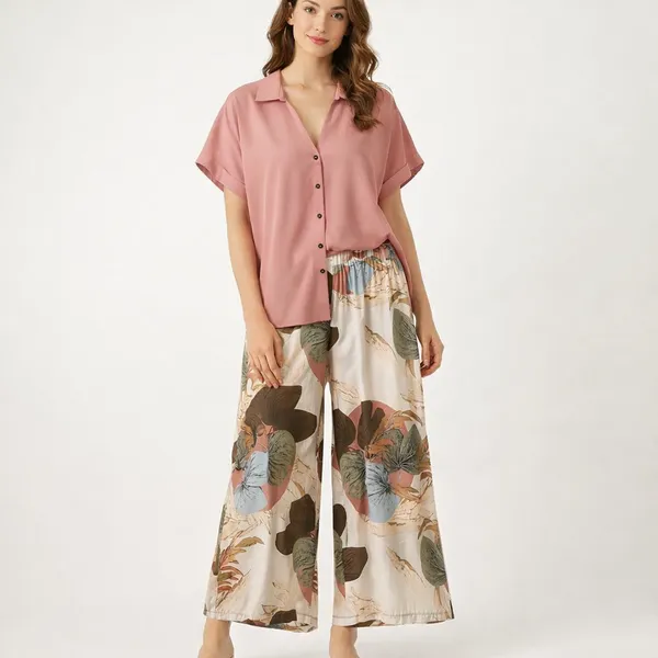 Light_Pink_Paisley_Printed_Short_Sleeves_Shirt_&_Wide-Leg_Pant_Rayon_Co-Ord_Set_For_Women