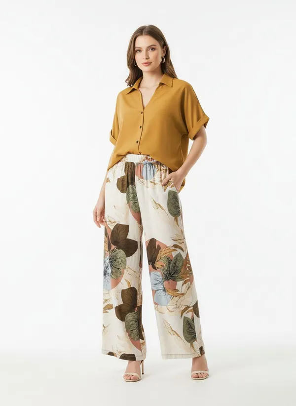 Yellow_Paisley_Printed_Short_Sleeves_Shirt_&_Wide-Leg_Pant_Rayon_Co-Ord_Set_For_Women