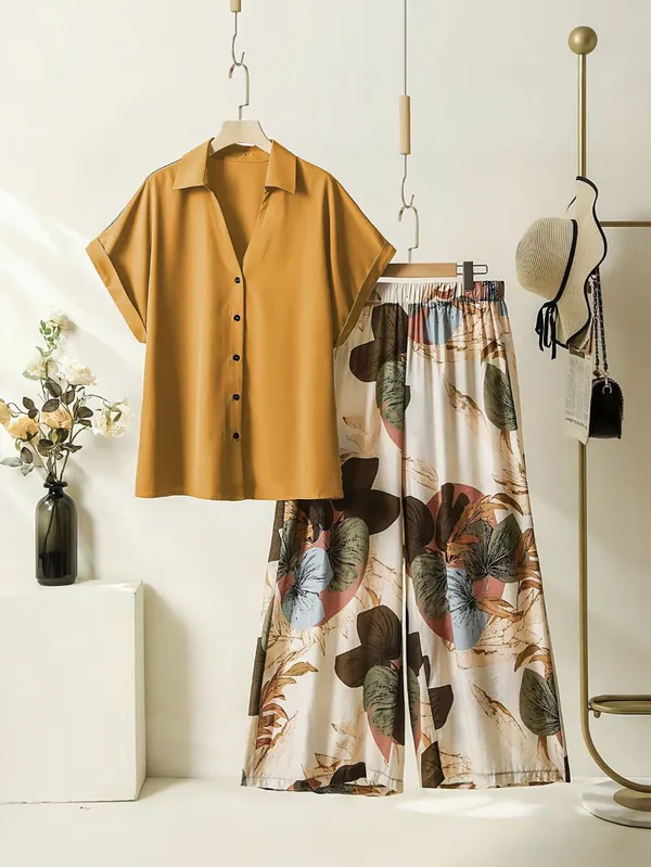 Yellow_Paisley_Printed_Short_Sleeves_Shirt_&_Wide-Leg_Pant_Rayon_Co-Ord_Set_For_Women