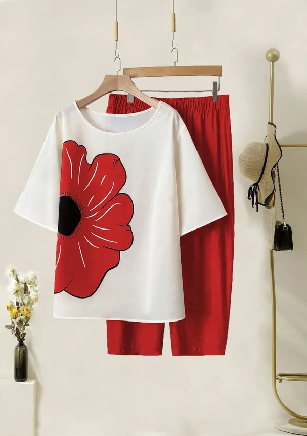 Rust_&_White_Cotton_Printed_Straight_Kurta_With_Pant_Set_Lycra_Co-Ord_Set_For_Women