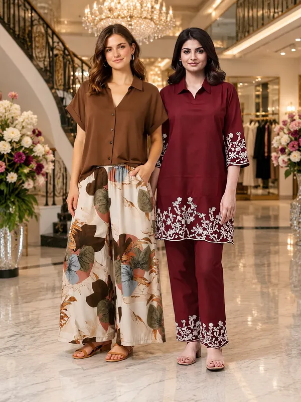 Coffee_Floral_Palazzo_&_Maroon_Embroidered_Kurta_Combo