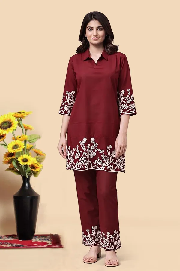 Coffee_Floral_Palazzo_&_Maroon_Embroidered_Kurta_Combo