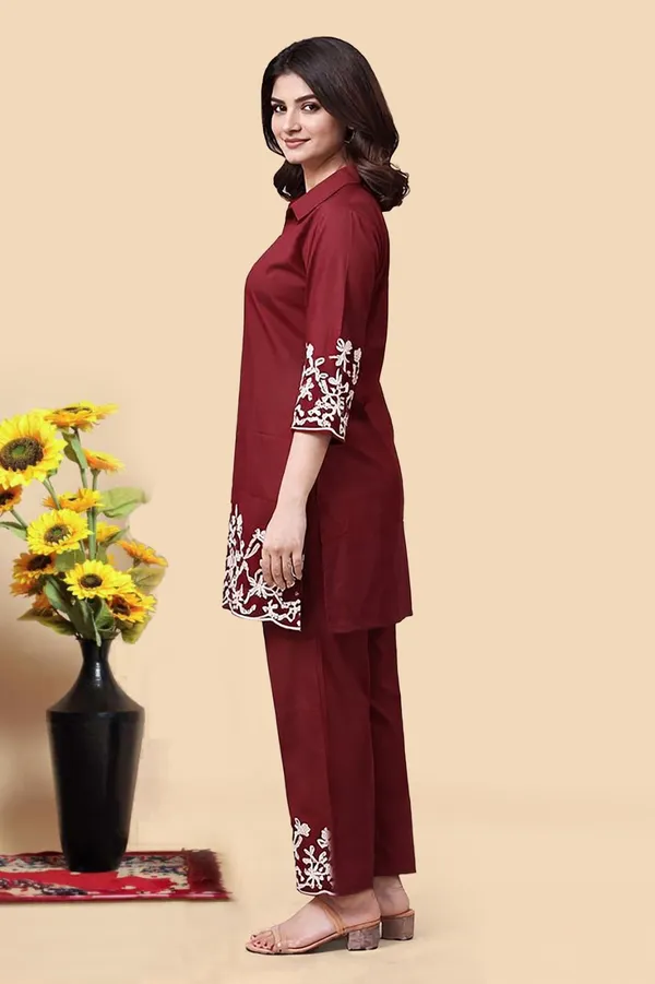 Coffee_Floral_Palazzo_&_Maroon_Embroidered_Kurta_Combo