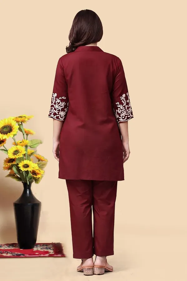 Coffee_Floral_Palazzo_&_Maroon_Embroidered_Kurta_Combo