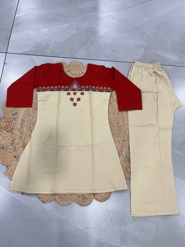 Women's_Beige_&_Brick_Red_Embroidered_Kurti_with_Palazzo_Pants_Set