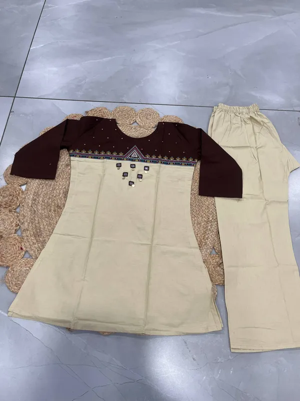 Women's_Beige_&_Brown_Embroidered_Kurti_with_Palazzo_Pants_Set