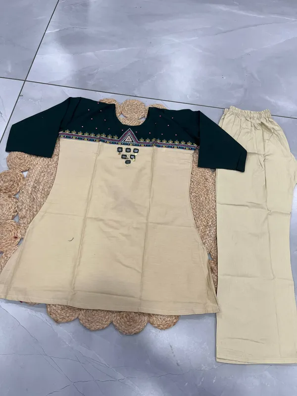 Women's_Beige_&_Dark_Green_Embroidered_Kurti_with_Palazzo_Pants_Set