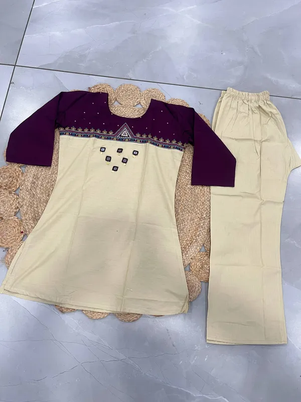 Women's_Beige_&_Deep_Purple_Embroidered_Kurti_with_Palazzo_Pants_Set