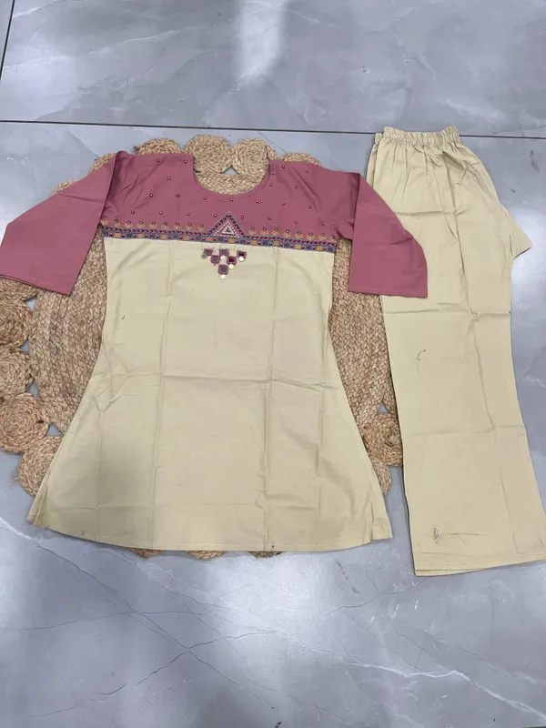 Women's_Beige_&_Dusty_Pink_Embroidered_Kurti_with_Palazzo_Pants_Set