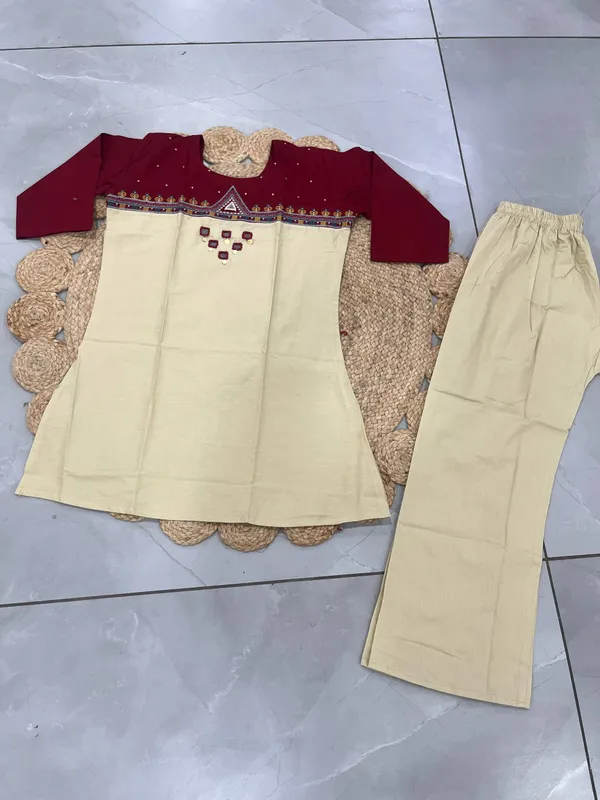 Women's_Beige_&_Maroon_Embroidered_Kurti_with_Palazzo_Pants_Set