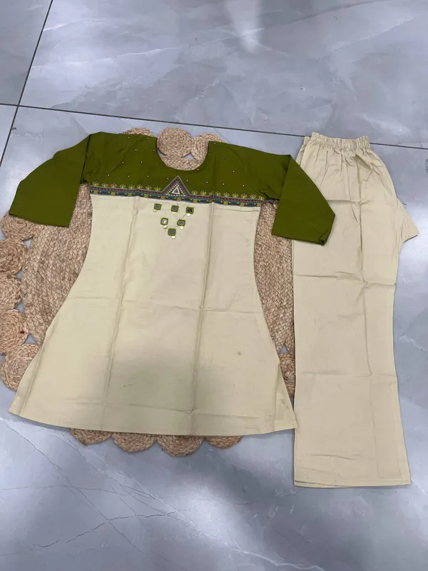 Women's_Beige_&_Olive_Green_Embroidered_Kurti_with_Palazzo_Pants_Set