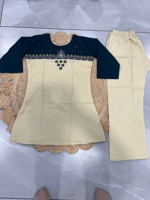 Women's_Beige_&_Teal_Blue_Embroidered_Kurti_with_Palazzo_Pants_Set