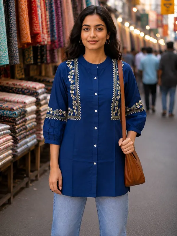 Women's_Blue_Embroidered_Cotton_Blend_A-Line_Long_Tunic_Top