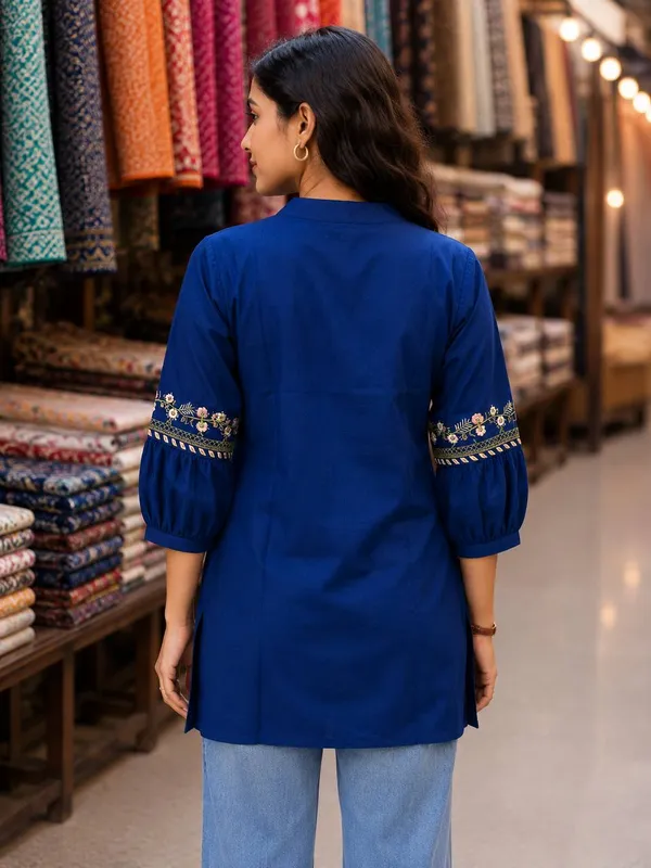 Women's_Blue_Embroidered_Cotton_Blend_A-Line_Long_Tunic_Top