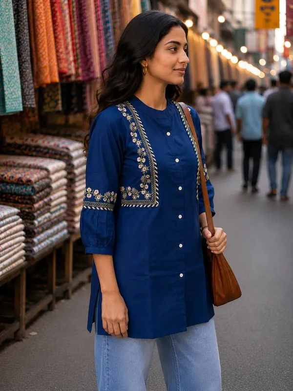 Women's_Blue_Embroidered_Cotton_Blend_A-Line_Long_Tunic_Top