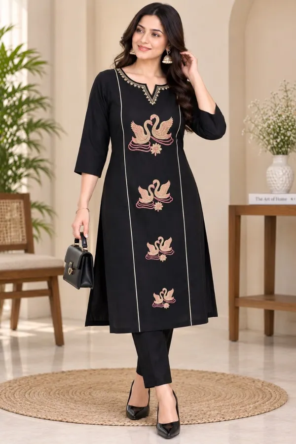 Women�s_Elegant_Black_Embroidered_Kurta_with_Matching_Pants