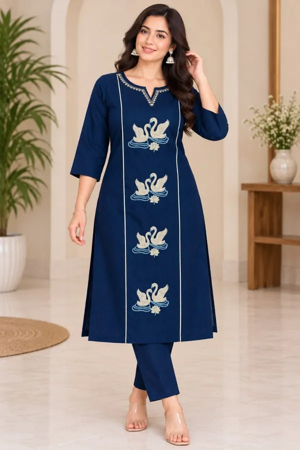Women�s_Elegant_Blue_Embroidered_Kurta_with_Matching_Pants