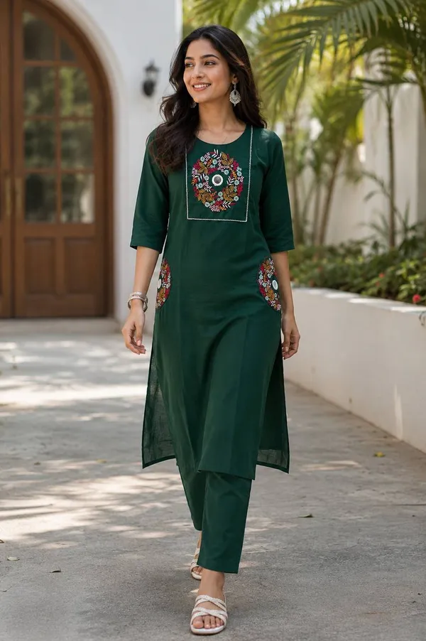 Women's_Elegant_Green_Embroidered_Kurta_Pant_Set