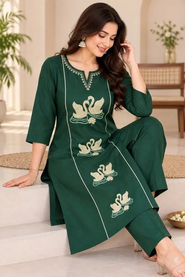 Women�s_Elegant_Green_Embroidered_Kurta_with_Matching_Pants