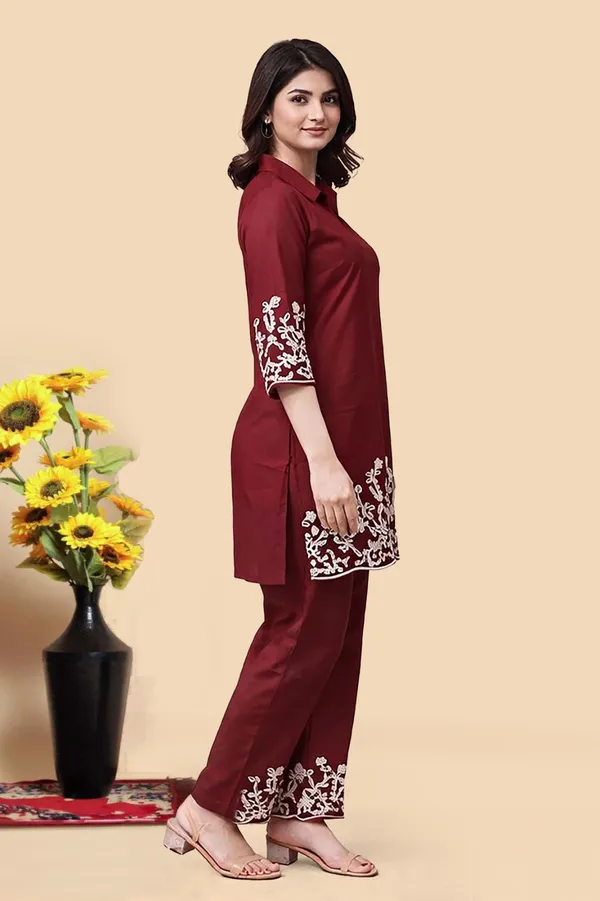 Women’s_Maroon_Embroidered_Kurti_Pant_Set