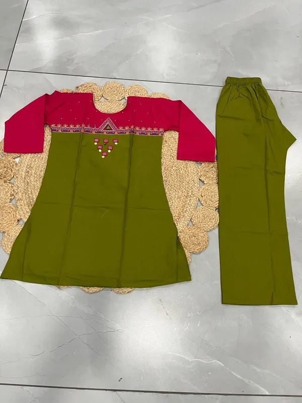 Women's_Olive_Green_&_Pink_Embroidered_Kurti_with_Palazzo_Pants_Set