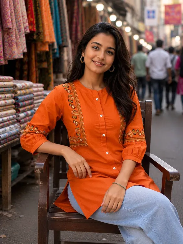 Women's_Orange_Embroidered_Cotton_Blend_A-Line_Long_Tunic_Top