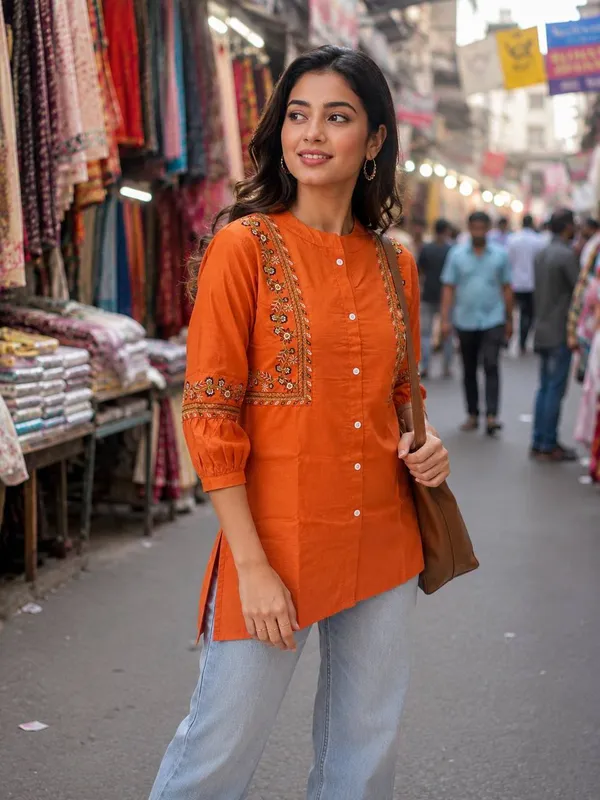 Women's_Orange_Embroidered_Cotton_Blend_A-Line_Long_Tunic_Top