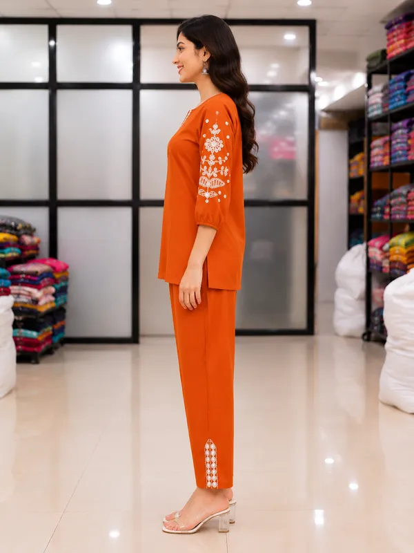 Women�s_Rust_Orange_Embroidered_Kurta_with_Straight_Pants_Co-Ord_Set