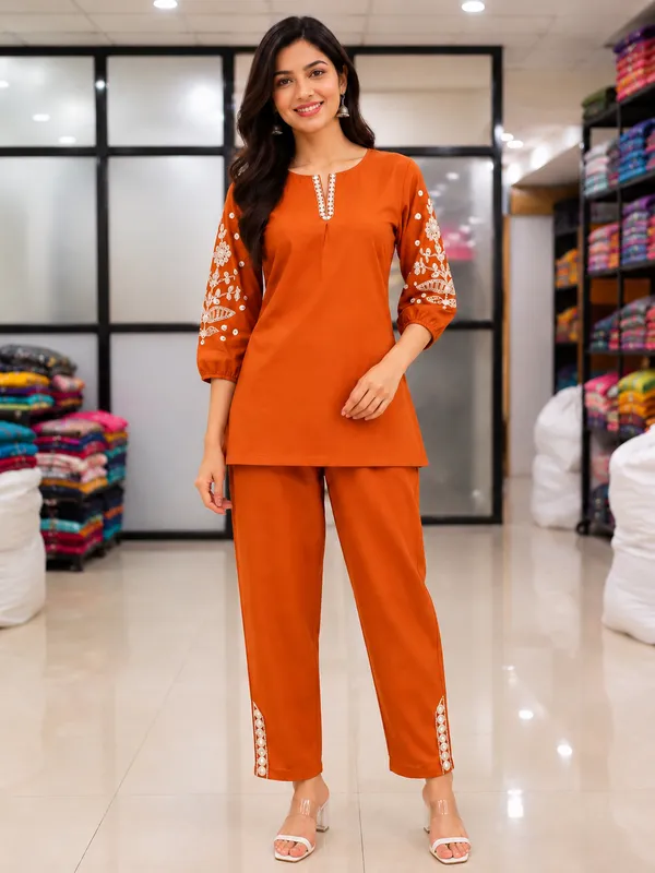 Women�s_Rust_Orange_Embroidered_Kurta_with_Straight_Pants_Co-Ord_Set