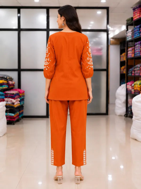 Women�s_Rust_Orange_Embroidered_Kurta_with_Straight_Pants_Co-Ord_Set