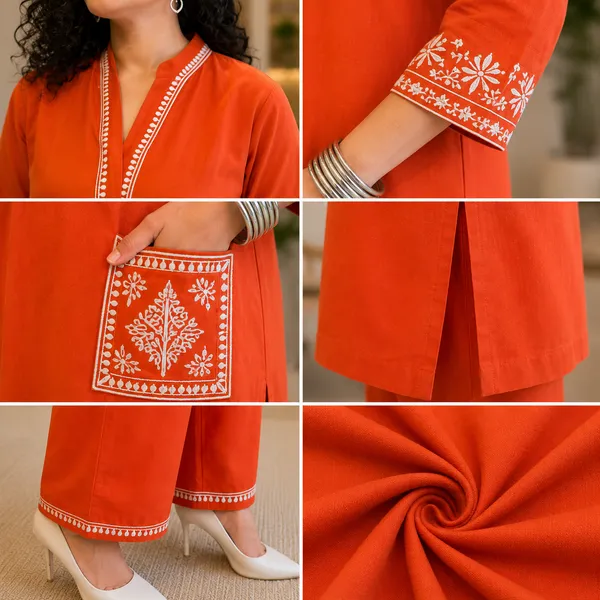 Women's__Orange_Embroidered_Kurta_Palazzo_Set