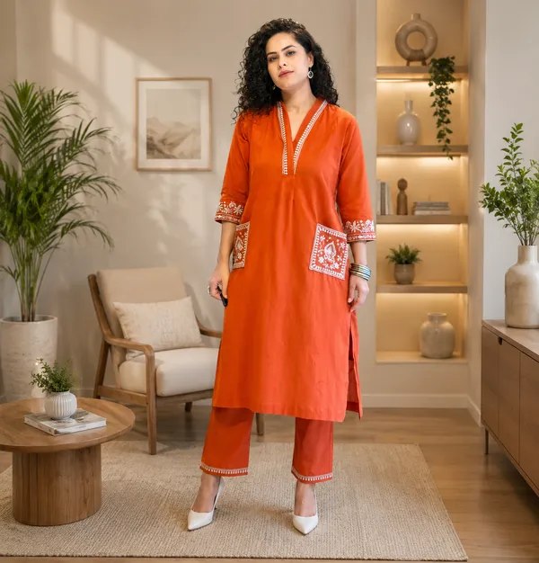 Women's__Orange_Embroidered_Kurta_Palazzo_Set
