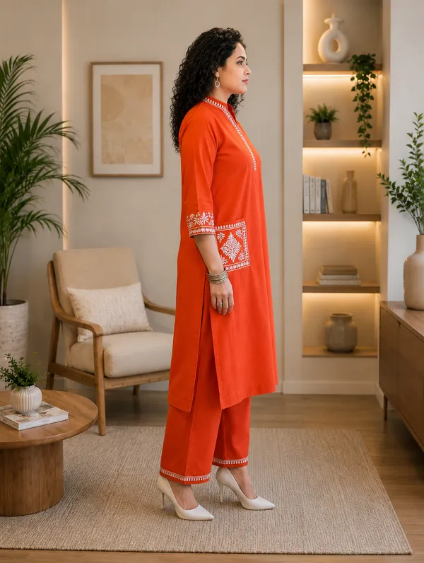Women's__Orange_Embroidered_Kurta_Palazzo_Set