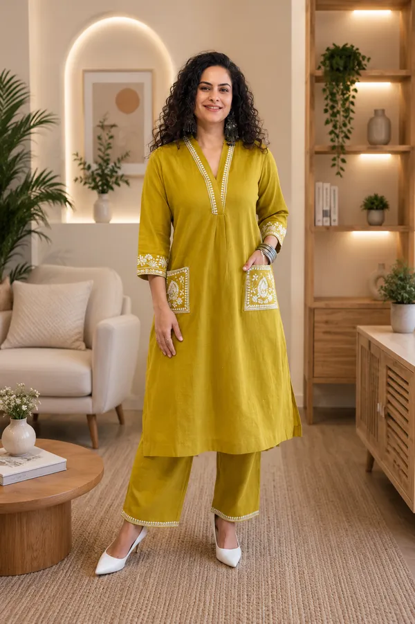 Women's__Yellow_Embroidered_Kurta_Palazzo_Set
