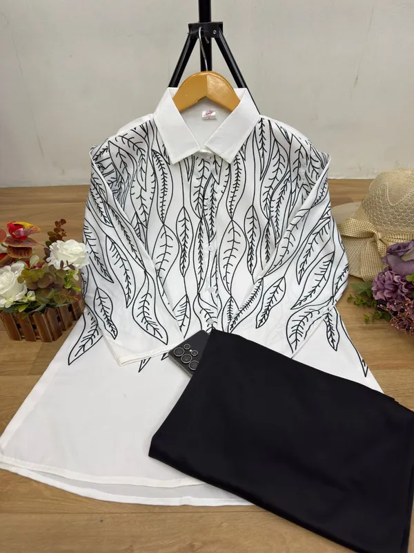 White_&_Black_Stylish_Floral_Printed_Poly_Rayon_Co-Ord_Set_For_Women