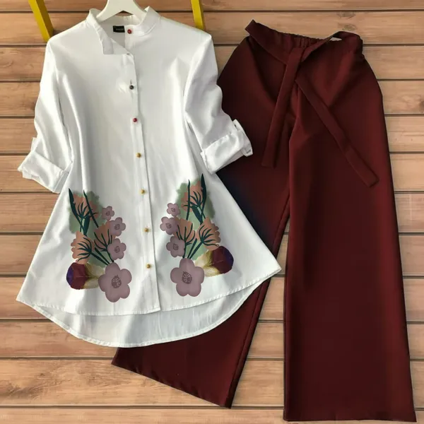 White_&_Maroon_Stylish_Floral_Printed_Poly_Rayon_Co-Ord_Set_For_Women