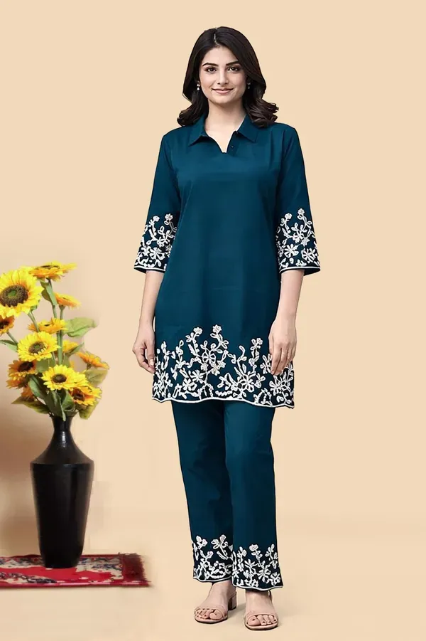 Coffee_Floral_Palazzo_&_Sapphire_Morpeach_Embroidered_Kurta_Combo