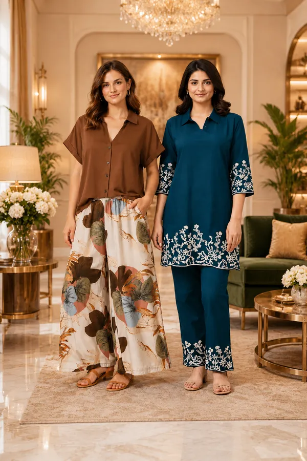 Coffee_Floral_Palazzo_&_Sapphire_Morpeach_Embroidered_Kurta_Combo
