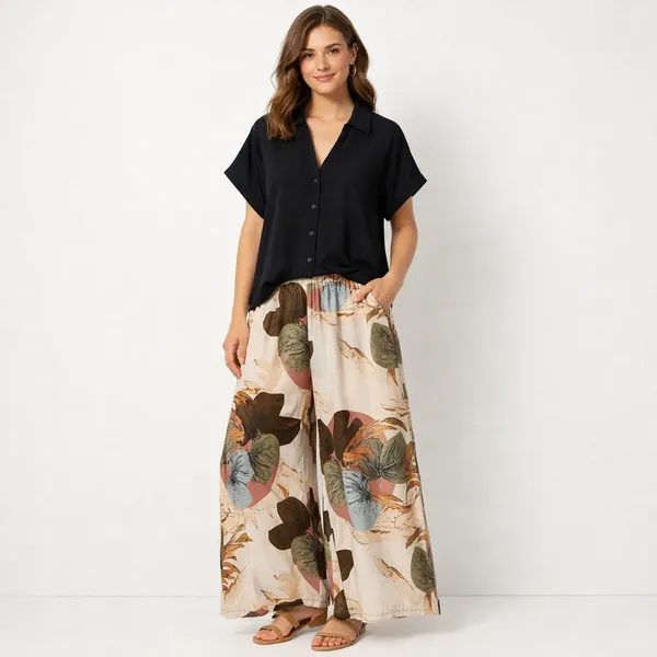 Black_Paisley_Printed_Short_Sleeves_Shirt_&_Wide-Leg_Pant_Rayon_Co-Ord_Set_For_Women