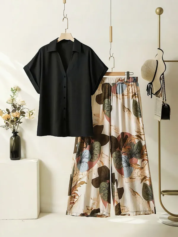 Black_Paisley_Printed_Short_Sleeves_Shirt_&_Wide-Leg_Pant_Rayon_Co-Ord_Set_For_Women
