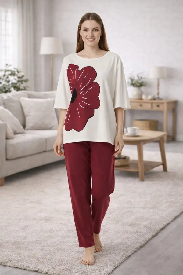 Maroon_&_White_Cotton_Printed_Straight_Kurta_With_Pant_Set_Lycra_Co-Ord_Set_For_Women