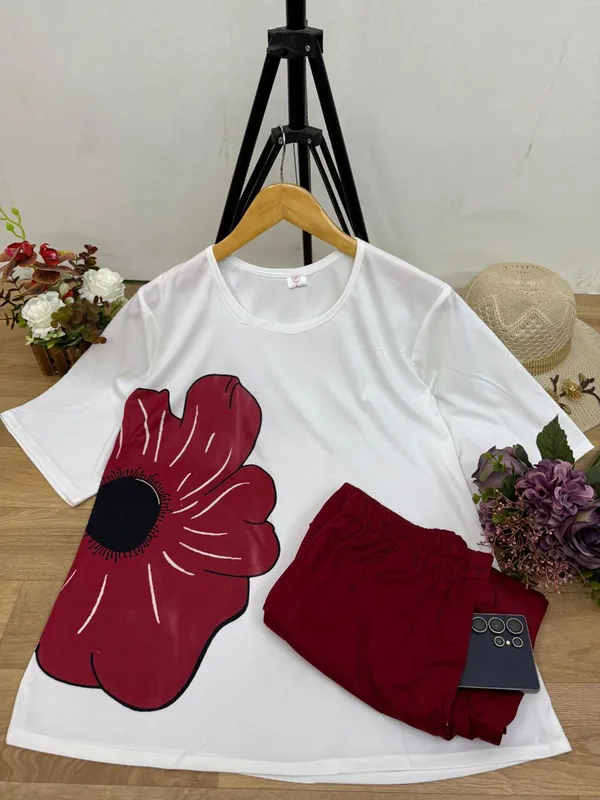 Maroon_&_White_Cotton_Printed_Straight_Kurta_With_Pant_Set_Lycra_Co-Ord_Set_For_Women
