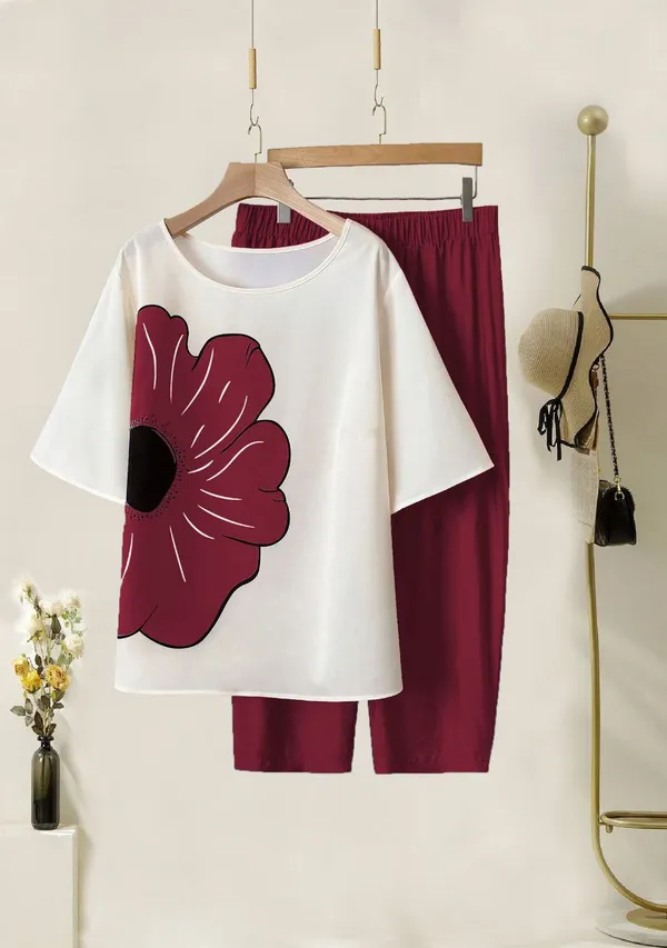 Maroon_&_White_Cotton_Printed_Straight_Kurta_With_Pant_Set_Lycra_Co-Ord_Set_For_Women