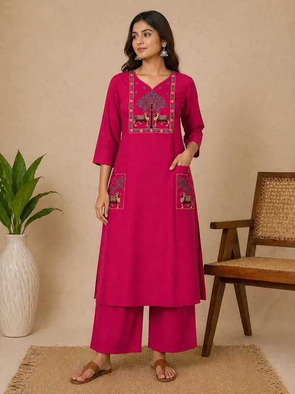 Women's_Embroidered_Straight_Kurta_with_Pant_Set_�_Magenta