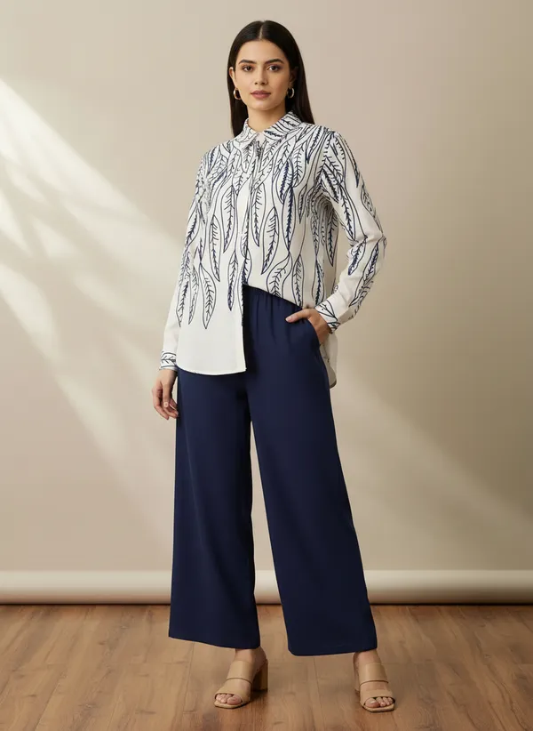 White_&_Blue_Stylish_Printed_Poly_Rayon_Co-Ord_Set_For_Women