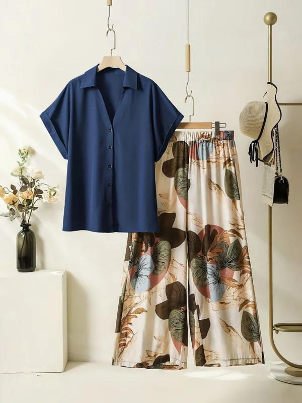 Navy_Blue_Paisley_Printed_Short_Sleeves_Shirt_&_Wide-Leg_Pant_Rayon_Co-Ord_Set_For_Women