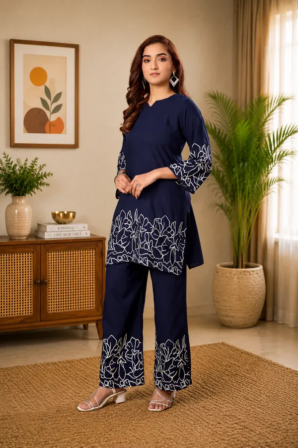 Women_Floral_Embrodery_Print_Neavy_Blue_Kurta_Palazzo_Co-Ord_Set_|_Stylish_Ethnic_Lounge_Wear_Outfit