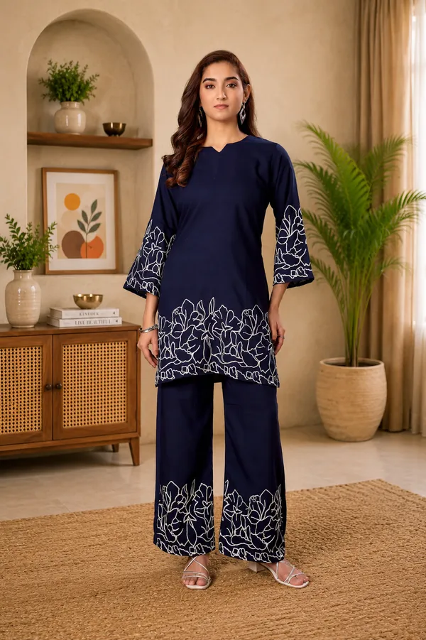 Women_Floral_Embrodery_Print_Neavy_Blue_Kurta_Palazzo_Co-Ord_Set_|_Stylish_Ethnic_Lounge_Wear_Outfit